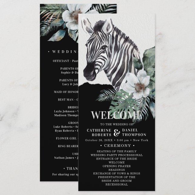 Watercolor Floral Wild Zebra Safari Wedding Programm (Vorne/Hinten)