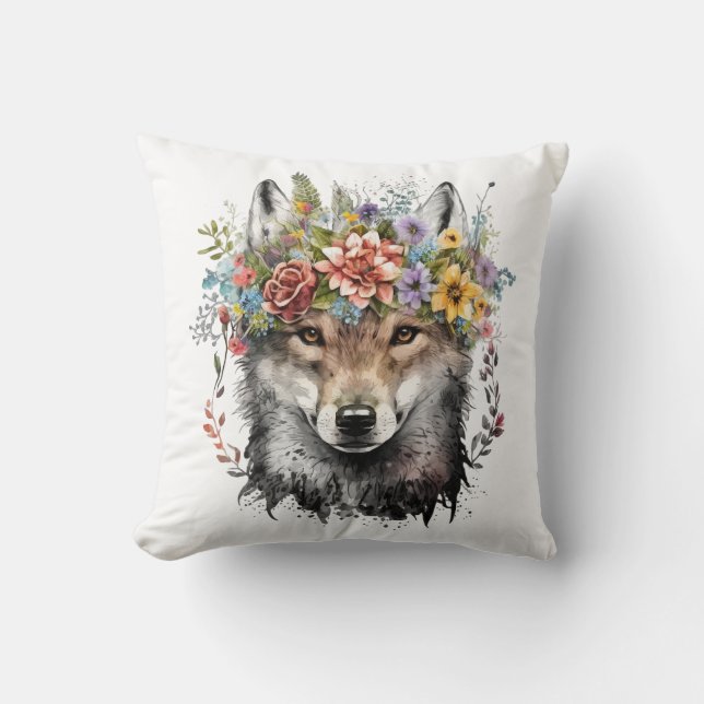 Watercolor Floral Wolf Kissen (Vorderseite)