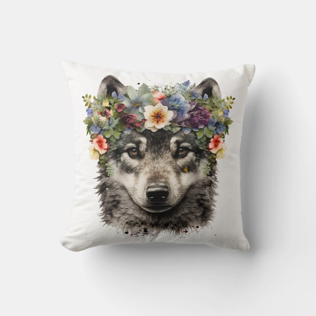 Watercolor Floral Wolf Kissen (Vorderseite)