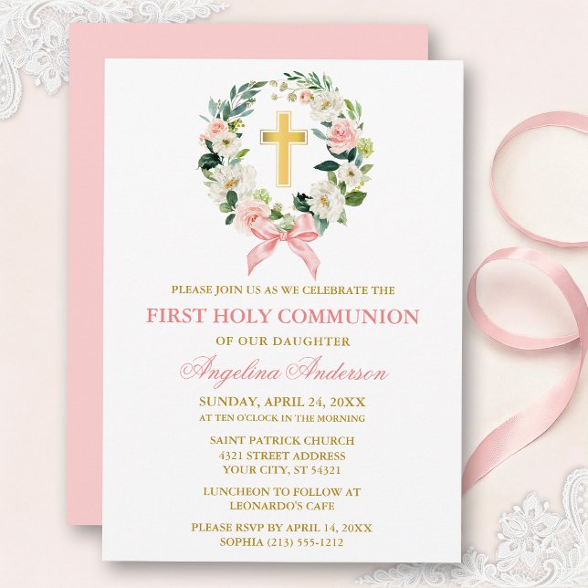 Watercolor Floral Wreath Pink Bow Gold Communion Einladung (Customize to change text color, size, style or to change color of back of card.)
