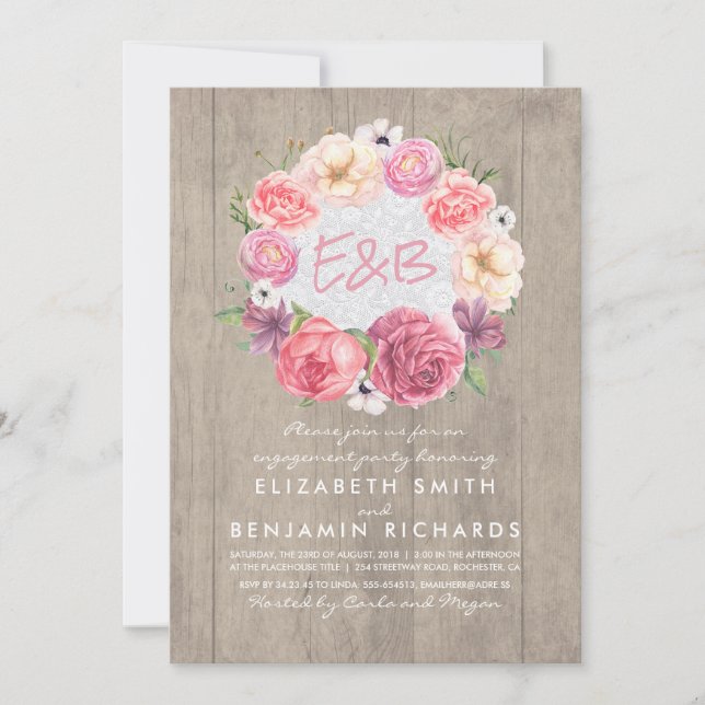 Watercolor Floral Wreath Rustic Engagement Party Einladung (Vorderseite)