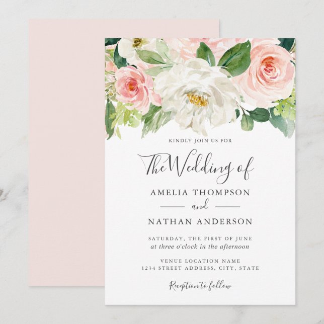 Watercolor Florals Blush Wedding Einladung (Vorne/Hinten)