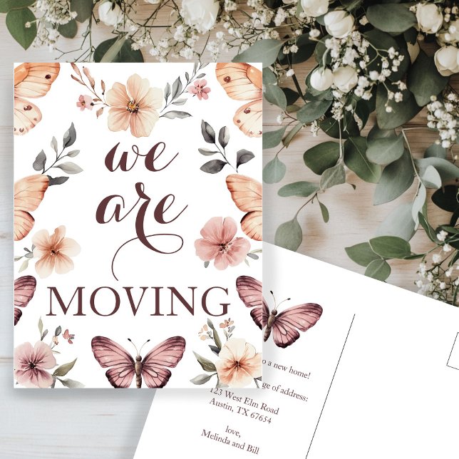 Watercolor Florals Butterfliegen Neue Adressenvers Postkarte (Watercolor Florals Butterflies New Address Moving Announcement Postcard
)