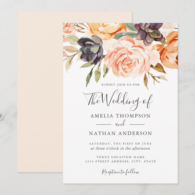 Watercolor Florals Peach Wedding Einladung (Vorne/Hinten)