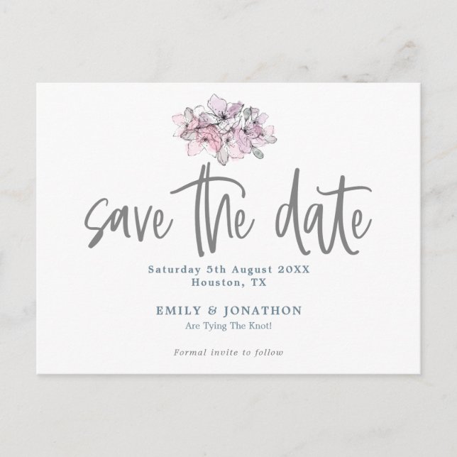 Watercolor Florals Stilvolle Schrift Save the Date Postkarte (Vorderseite)