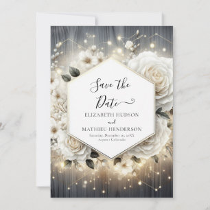 Watercolor Florals White Roses Wedding Save The Date