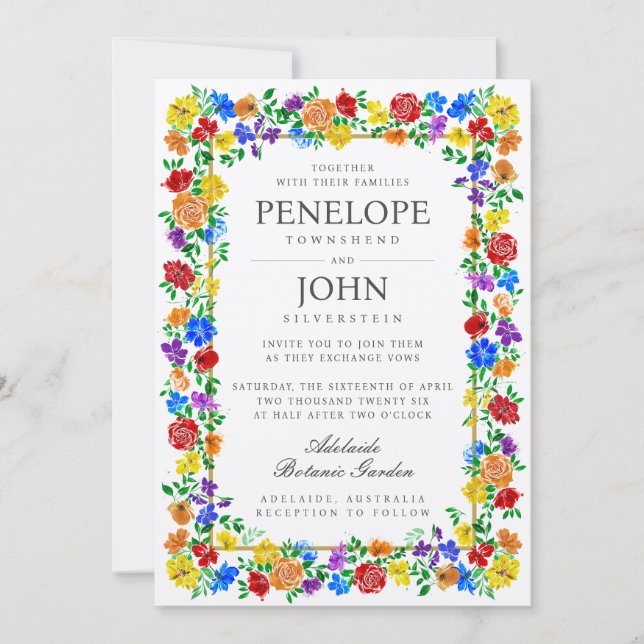 Watercolor Flower Botanical Garden Rainbow Wedding Einladung (Vorderseite)