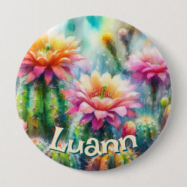 Watercolor Flowering Succulent Cacti Personalized Button