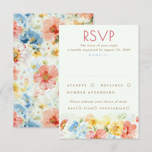 Watercolor Flowers Elegant Wedding RSVP (Vorne/Hinten)