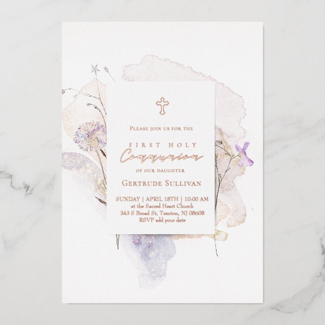 watercolor flowers First Communion Folieneinladung (Vorderseite)