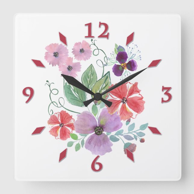 Watercolor flowers . large clock quadratische wanduhr (Vorderseite)