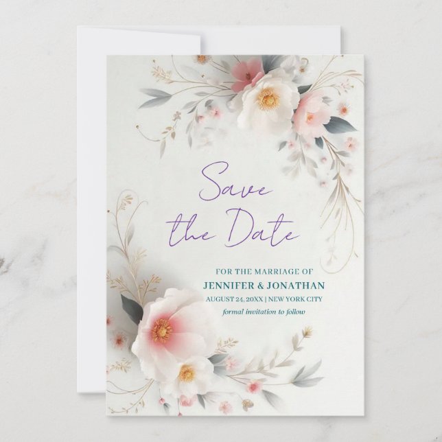 Watercolor Flowers Typography Script Save The Date (Vorderseite)