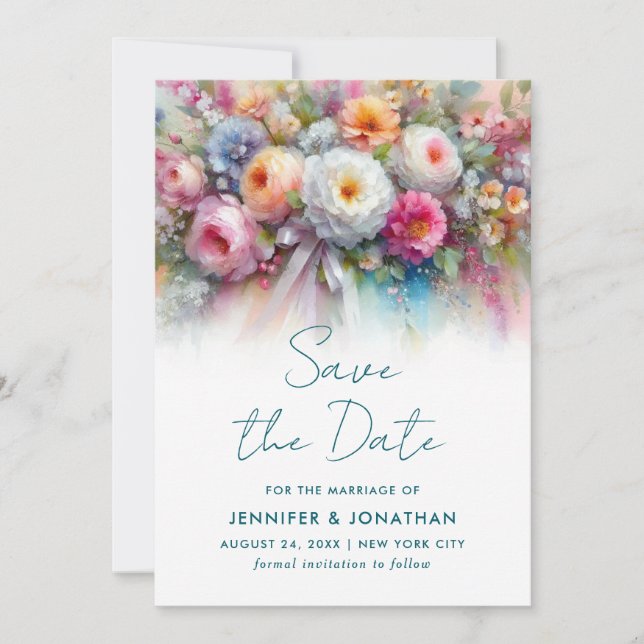 Watercolor Flowers Typography Script Save The Date (Vorderseite)