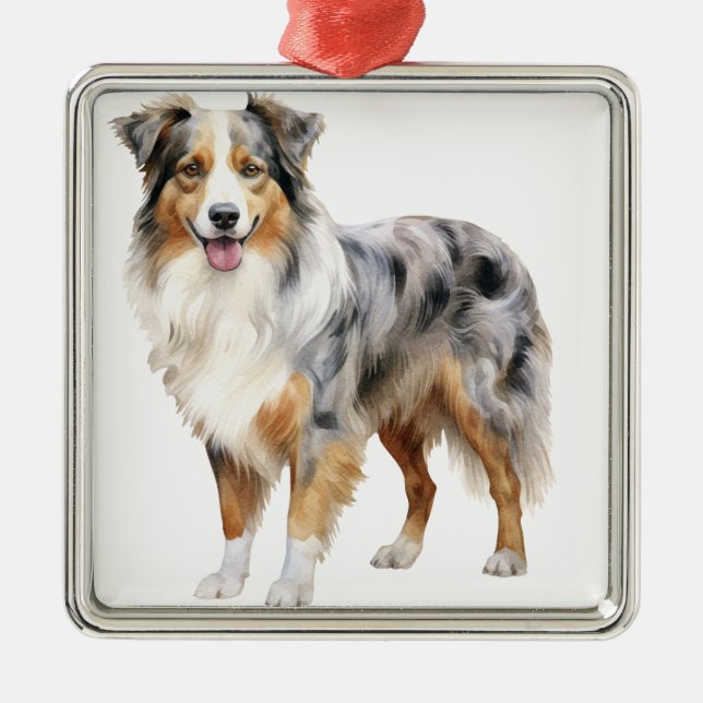 WATERCOLOR FLUFFY AUSTRALISCHER SCHEEPDOG HUND ORNAMENT AUS METALL (Vorne)