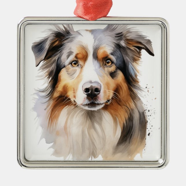 WATERCOLOR FLUFFY AUSTRALISCHER SCHEEPDOG HUND ORNAMENT AUS METALL (Vorne)