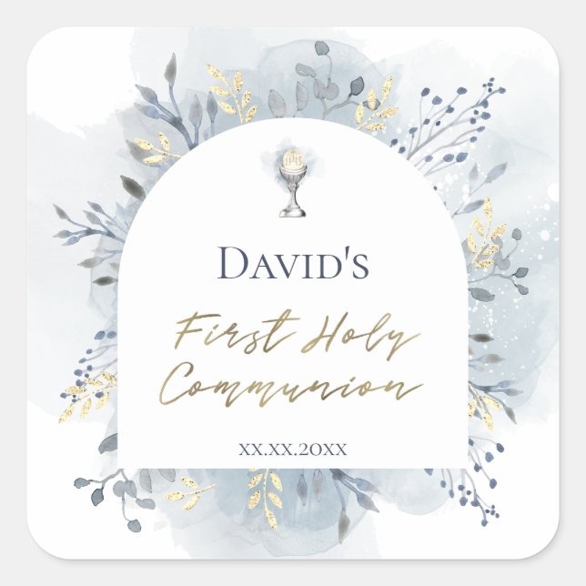 watercolor foliage First Communion Quadratischer Aufkleber (Vorderseite)