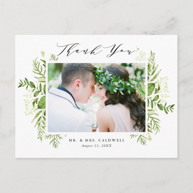 Watercolor Foliage Foto Hochzeit Vielen Dank Postkarte (Vorderseite)
