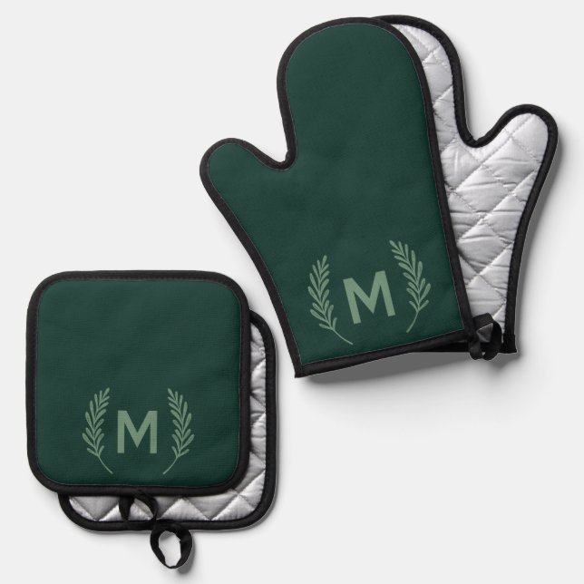 Watercolor Foliage Monogram Modern Custom Ofenhandschuh & Topflappen-Set (Vorderseite/Rückseite)