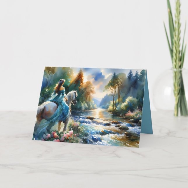 Watercolor Forest River Horsewoman Dreamscape Karte (Vorderseite)