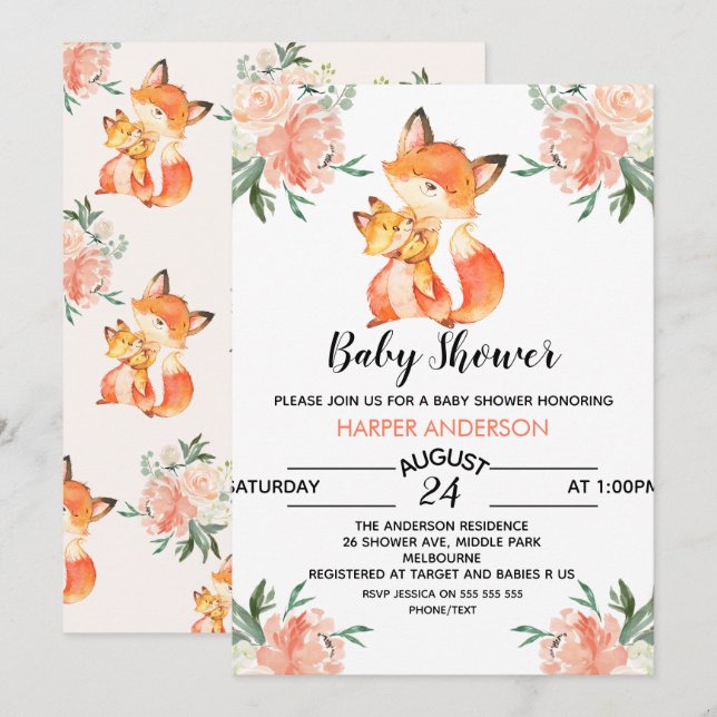 Watercolor Fox Babydusche Einladung (Vorne/Hinten)