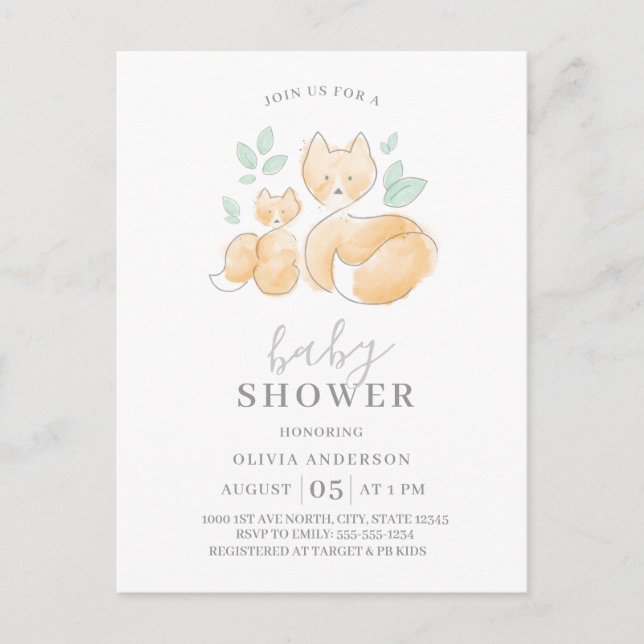 Watercolor Fox Family Baby shower Invitation (Devant)