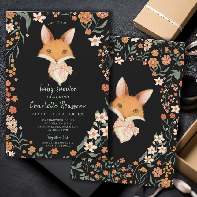 Watercolor Fox Floral Girl Babydusche Einladung (Von Creator hochgeladen)