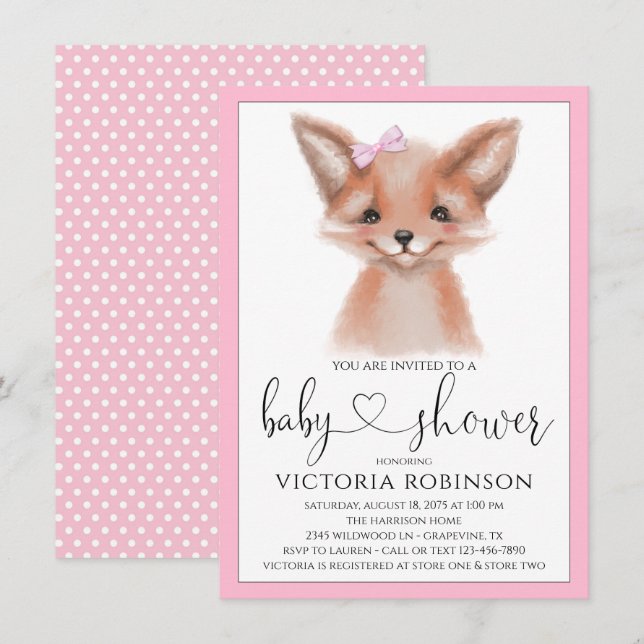 Watercolor Fox Girl Woodland Babydusche Einladung (Vorne/Hinten)