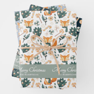 Watercolor Fox Muster Merry Christmas Monogram Geschenkpapier Set