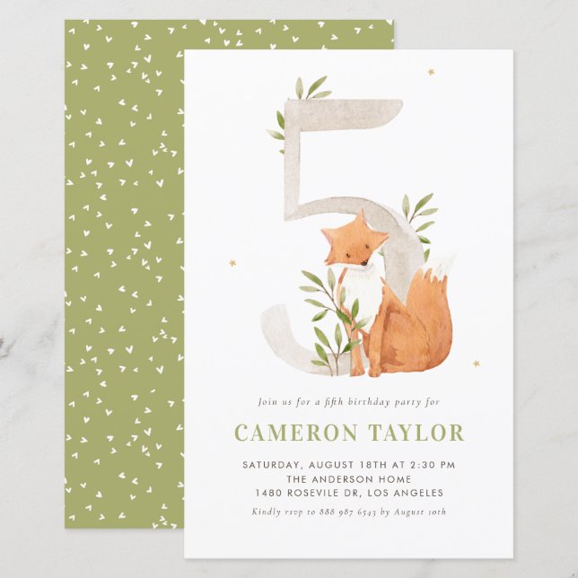 Watercolor Fox Woodland Fifth Birthday Invitation (Vorne/Hinten)