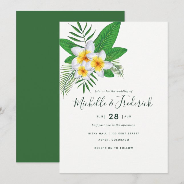 Watercolor Frangipani Beach Hochzeit Einladung (Vorne/Hinten)