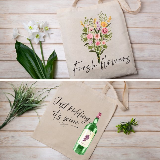 Watercolor Fresh Flowers & Wine Funny Tragetasche (Von Creator hochgeladen)