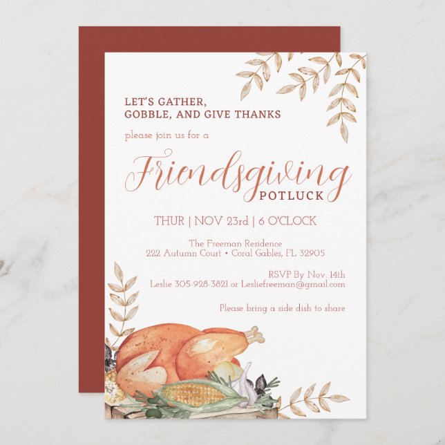 Watercolor Friendsgiving Potluck Diner Invitation (Devant / Derrière)