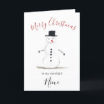 Watercolor Frohe Weihnachten Snowman Niece<br><div class="desc">Frohe Weihnachtsscherze. Wasserfarbe,  Schneemann,  Weihnachtsbaum,  kein Foto,  traditionelle Karte. Bitte personalisieren Sie es mit Ihren Daten.</div>