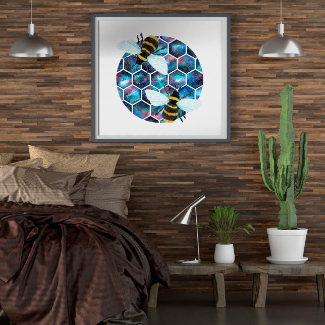 Watercolor Galaxy Hexagon Muster mit zwei Bienen Poster (Von Creator hochgeladen)