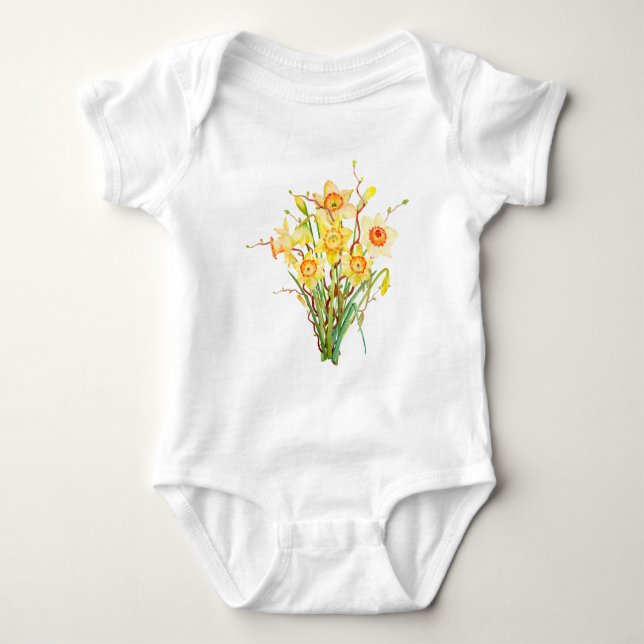 Watercolor-gelbe Narzissen-Frühlings-Blumen Baby Strampler (Vorderseite)