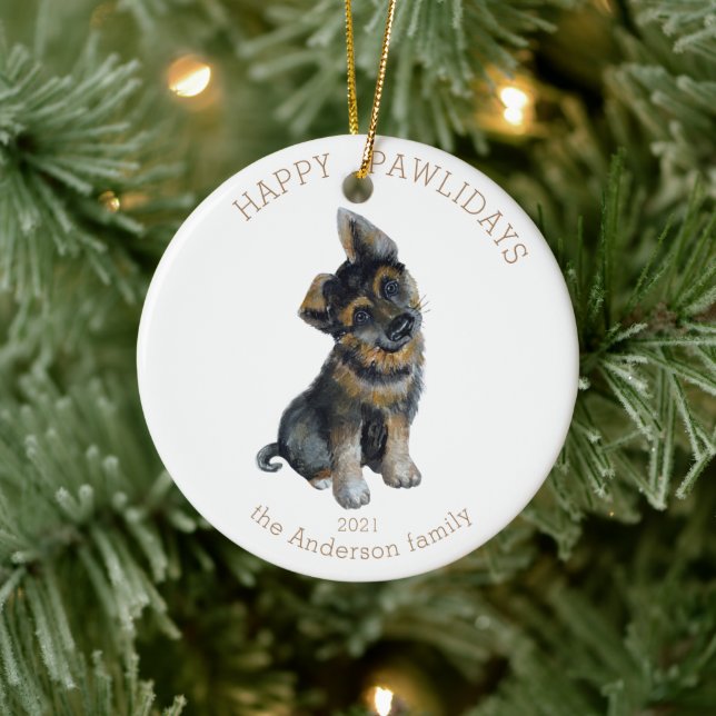 Watercolor German shepere Happy Pwlidays Foto Keramik Ornament (Baum)