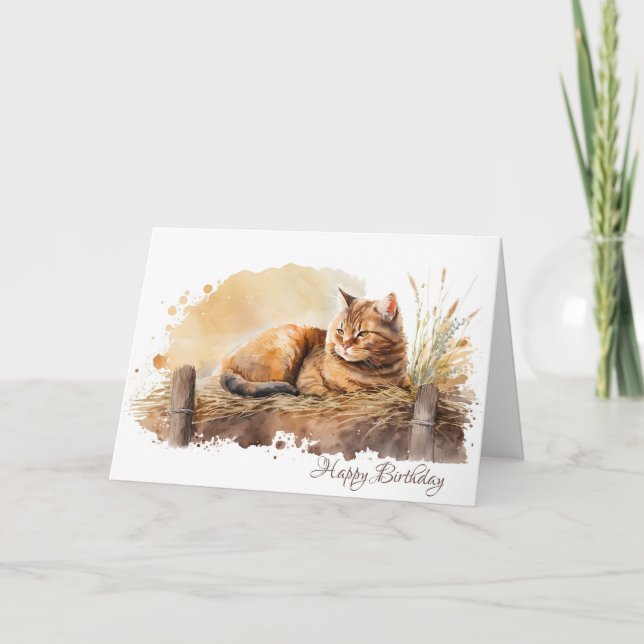 Watercolor Ginger Cat Birthday Karte (Vorderseite)
