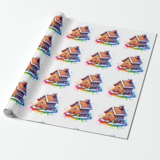 Watercolor Gingerbrett Weihnachtsgebäck im Haus Geschenkpapier (Ungerollt)