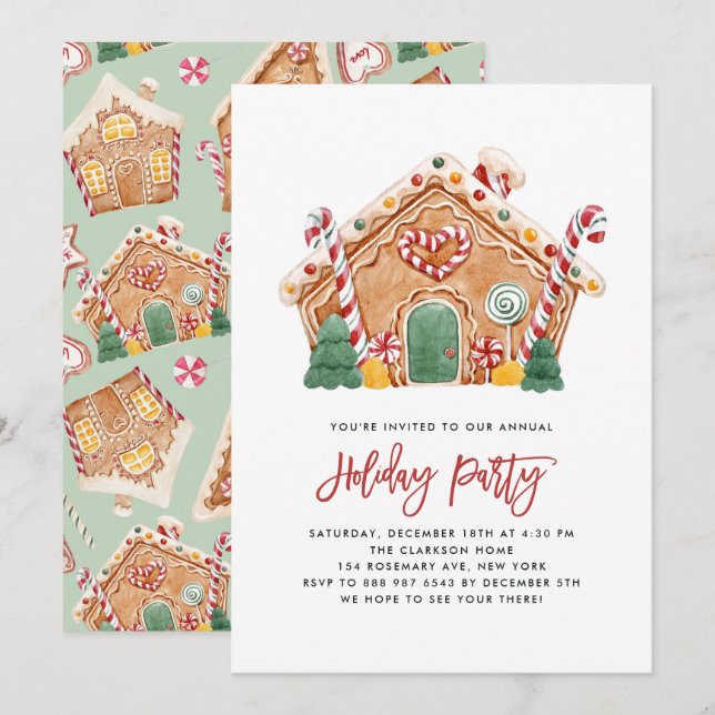 Watercolor Gingerbrot House Holiday Party Einladung (Vorne/Hinten)