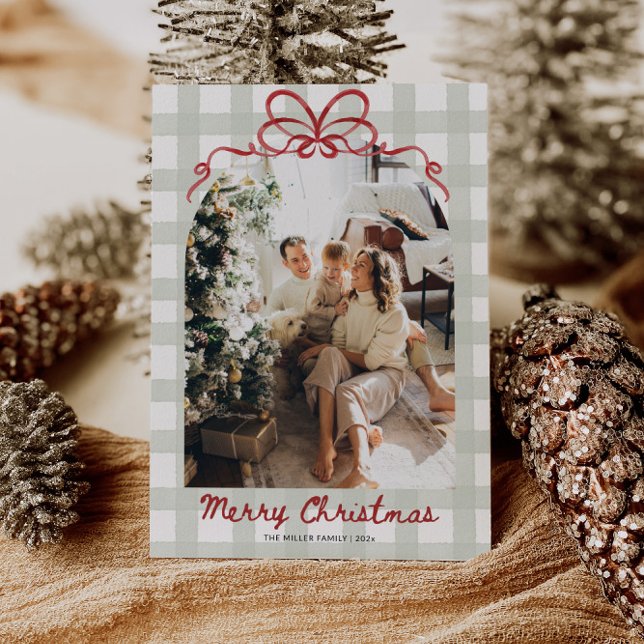 Watercolor Gingham Family Foto Weihnachten (Gingham Family Photo Christmas Card)