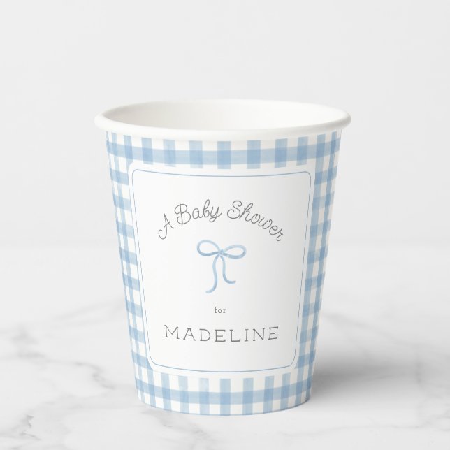 Watercolor Gingham Light Blue Baby Dusche Pappbecher (Vorderseite)