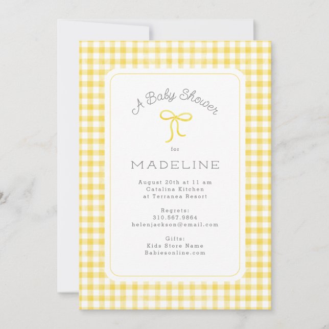 Watercolor Gingham Yellow Baby Dusche Einladung (Vorderseite)