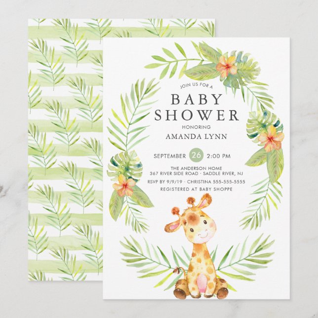 Watercolor Giraffe Kinderdusche Einladung (Vorne/Hinten)