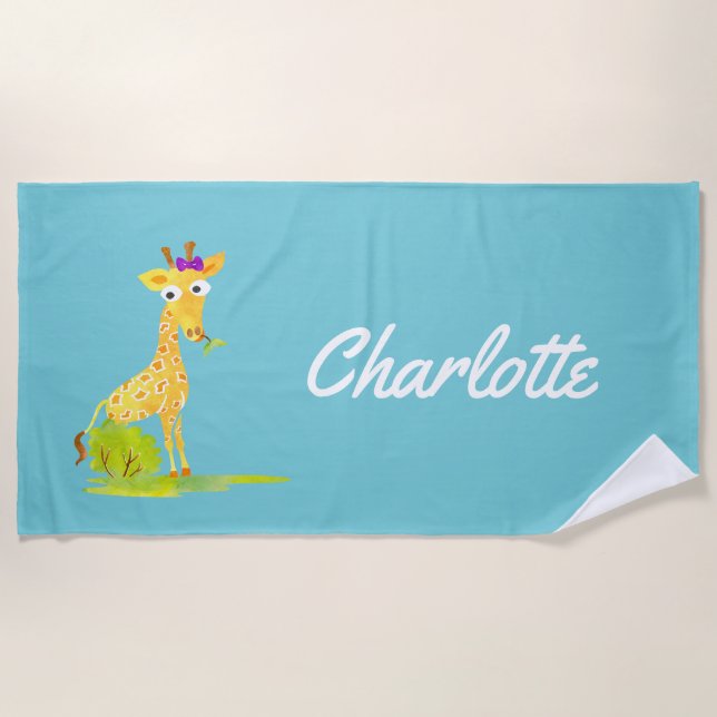 Watercolor-Giraffe scherzt personalisierte Strandtuch (Vorderseite)