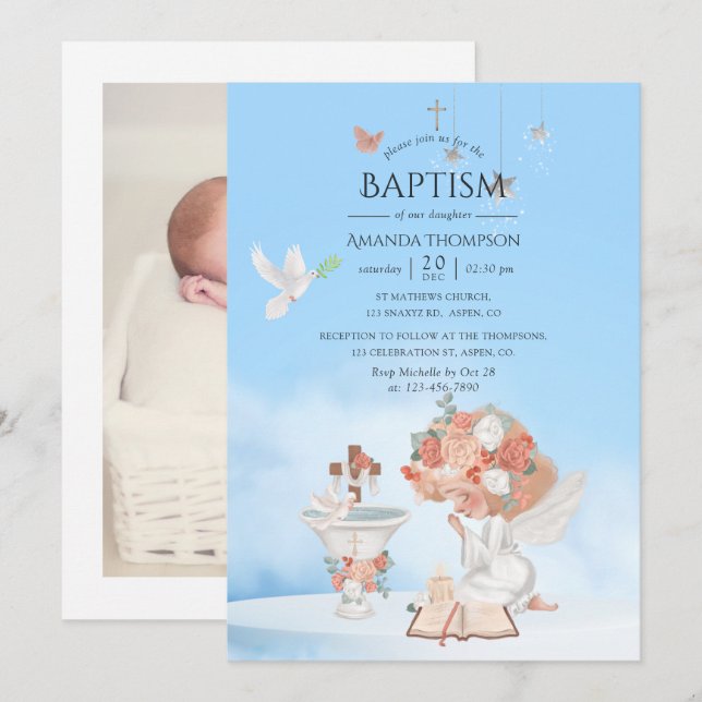 Watercolor Girl Angel Baptême Photo Invitation (Devant / Derrière)