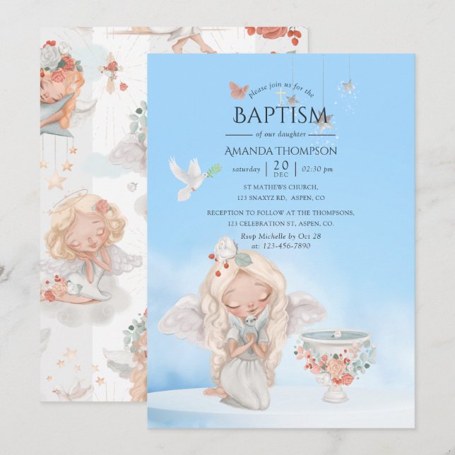 Watercolor Girl Angel Taufe Einladung (Vorne/Hinten)