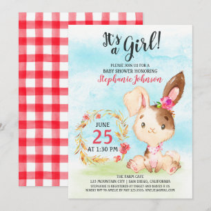 Watercolor Girl Bunny Baby Shower Farm Einladung