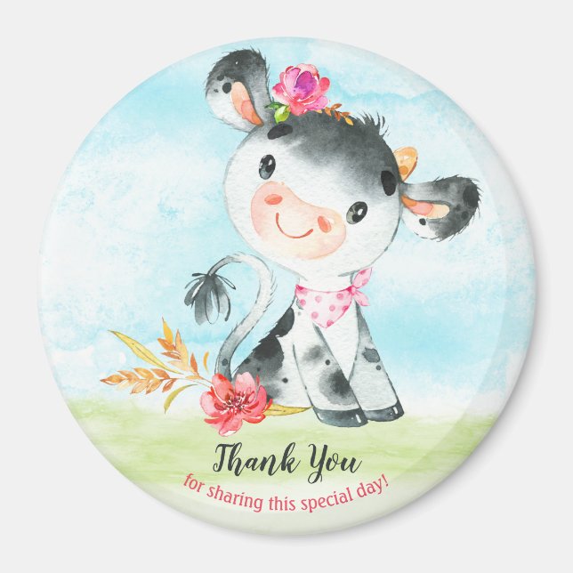 Watercolor Girl Cow Baby Showfarm Vielen Dank Magnet (Vorne)