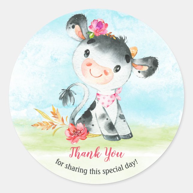 Watercolor Girl Cow Baby Showfarm Vielen Dank Runder Aufkleber (Vorderseite)