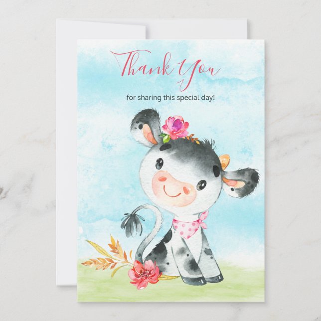 Watercolor Girl Cow Farm Thank You Dankeskarte (Vorderseite)